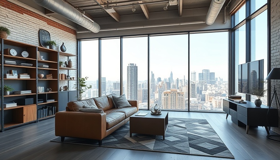 Modern living room with smart storage against city view.