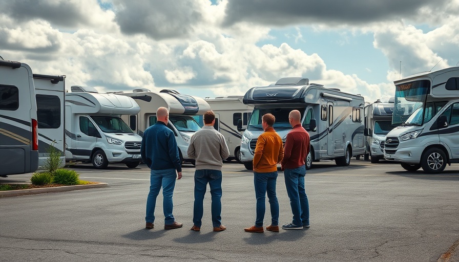 People inspecting RVs in a parking lot, smart storage focus.