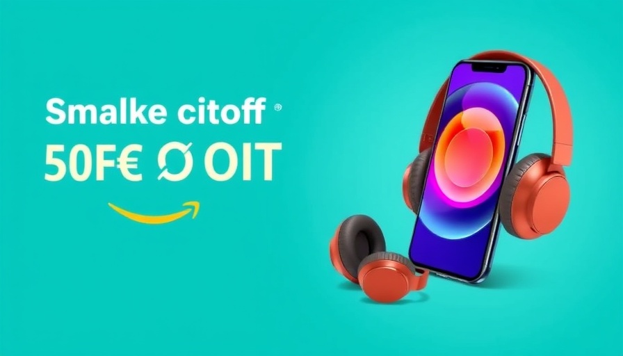 Vibrant ad banner with smartphone and headphones promoting Amazon discount.