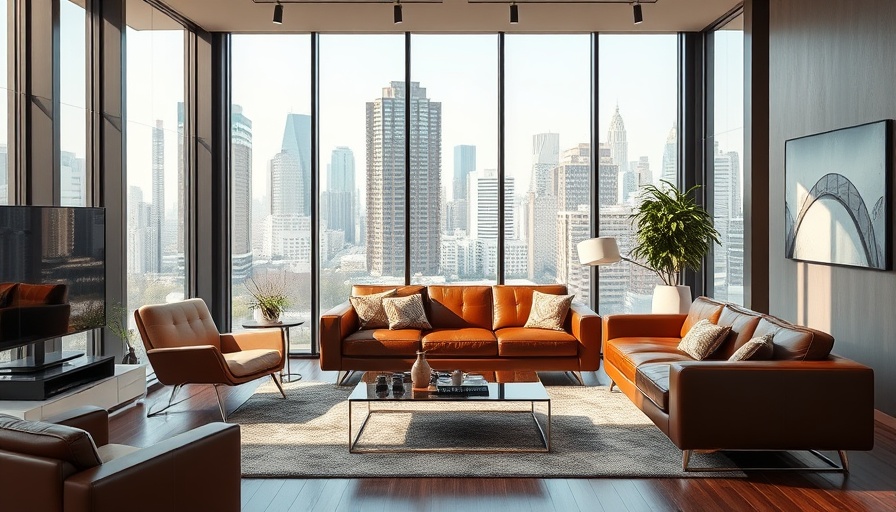 Modern living room after renovation with leather sofa and city view.
