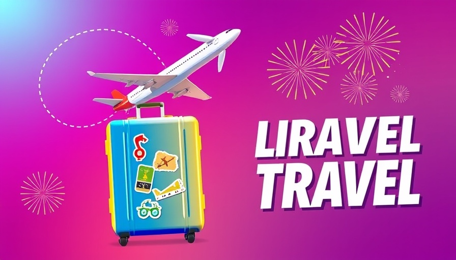 Colorful travel advertisement featuring airplane and suitcase on purple background.