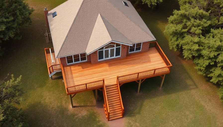 Elevated house with deck and stairs, legal and zoning considerations.