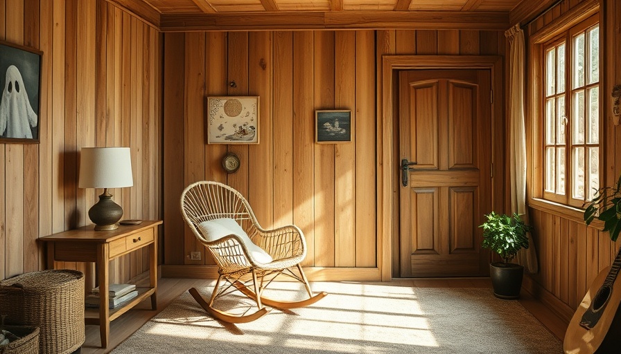 Cozy room with wicker chair and ghost lamp by wooden walls.
