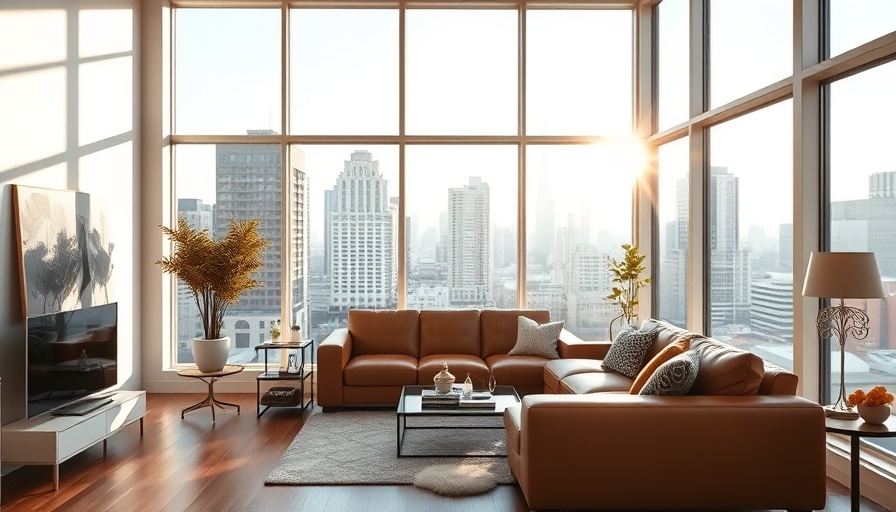 Modern living room with city view and leather sofa, emphasizing smart thermostats for basement temperatures.