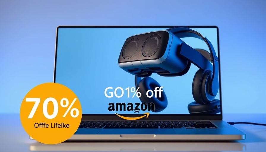 Modern tech ad with VR headset and headphones offering Amazon discount.