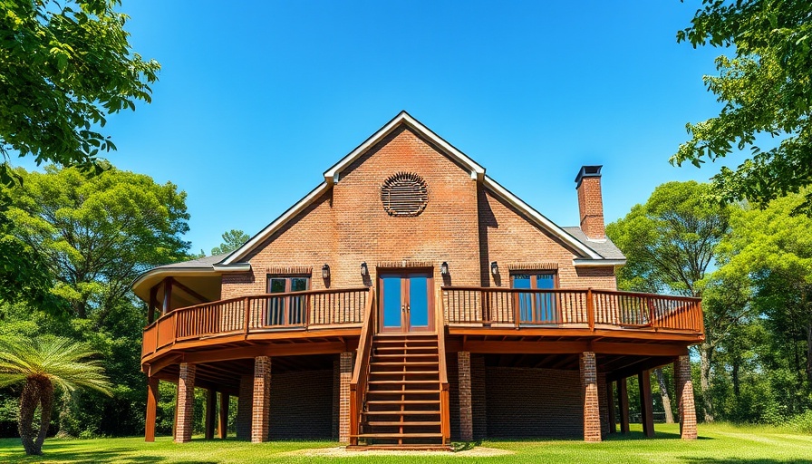 Elevated brick house with wooden deck and staircase for basement safety.