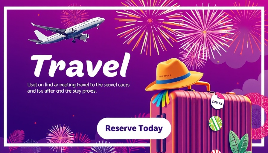 Travel ad with airplane, luggage, fireworks, reserve button