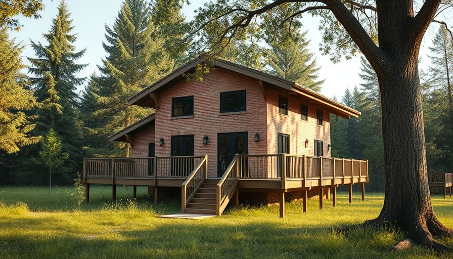 Charming elevated brick house with optimized layout for small spaces and wooden deck.