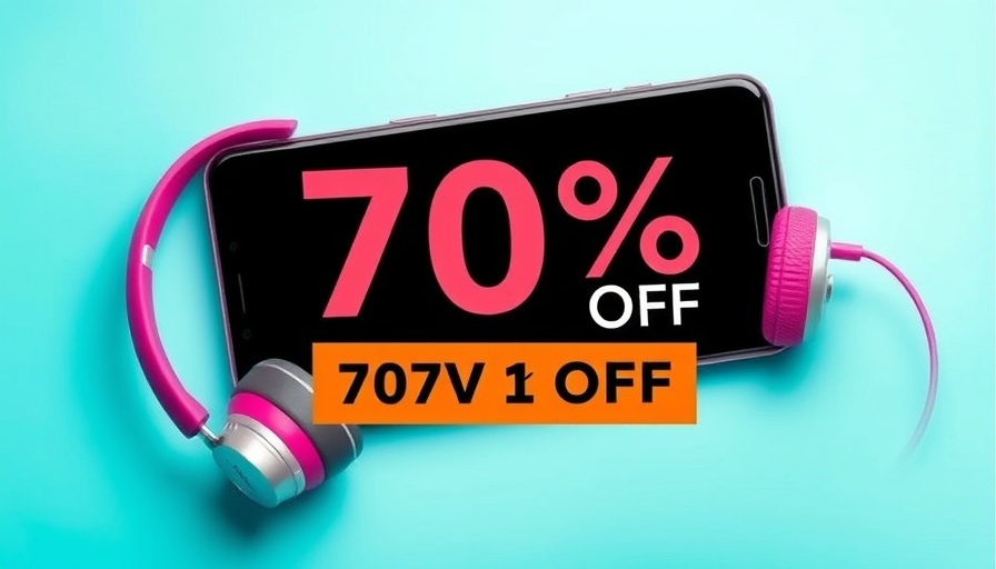 Advertisement showing smartphone and headphones with discount offer.