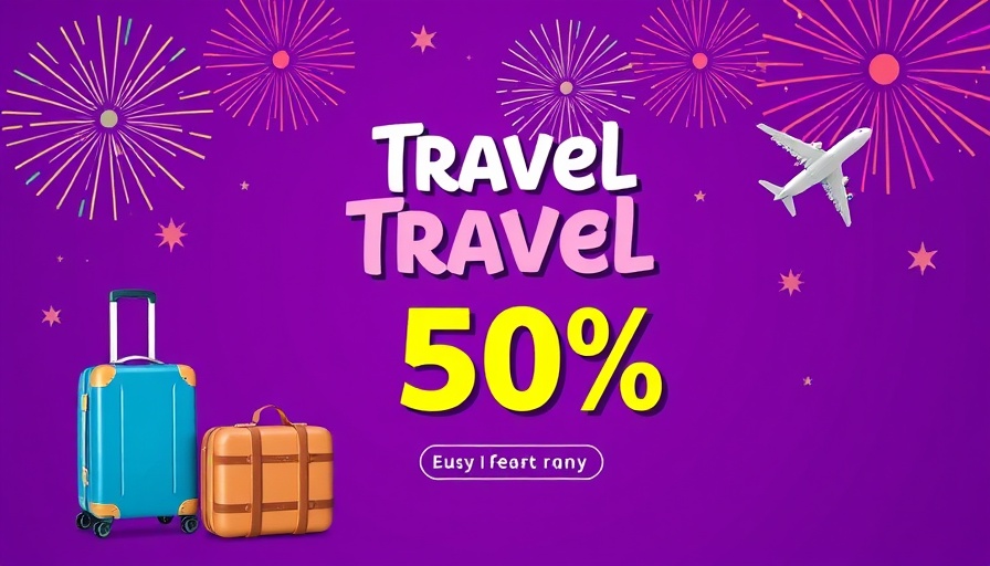 Travel to Europe ad, 50% off promo with festive elements.