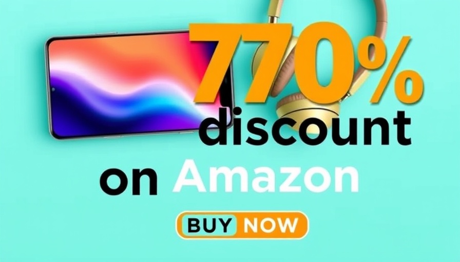Ad banner with smartphone and headphones on teal background featuring Amazon discount.