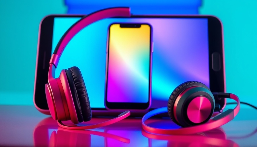 Colorful ad featuring smartphone and headphones on turquoise background.