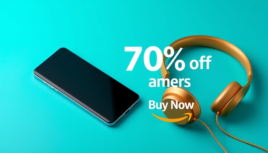 Ad banner with smartphone and headphones, Amazon discount.