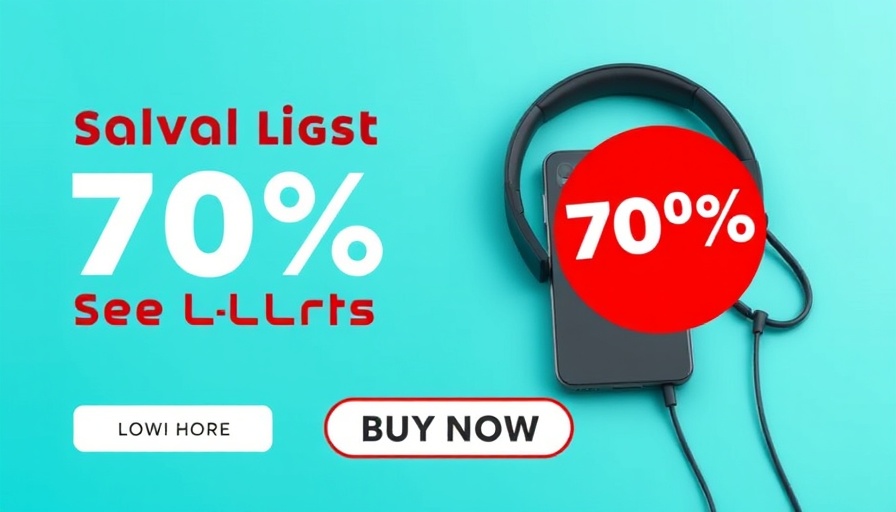 Teal promotional banner with smartphone and headphones.