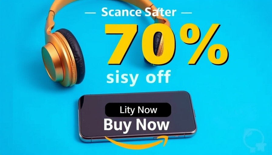 Tech advertisement with headphones and smartphone on blue background