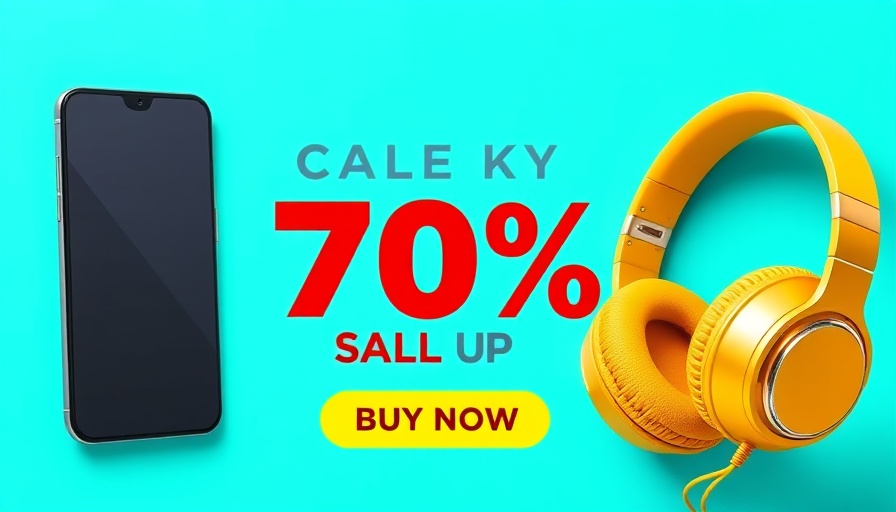 Vibrant ad banner with phone and headphones highlighting discounts.