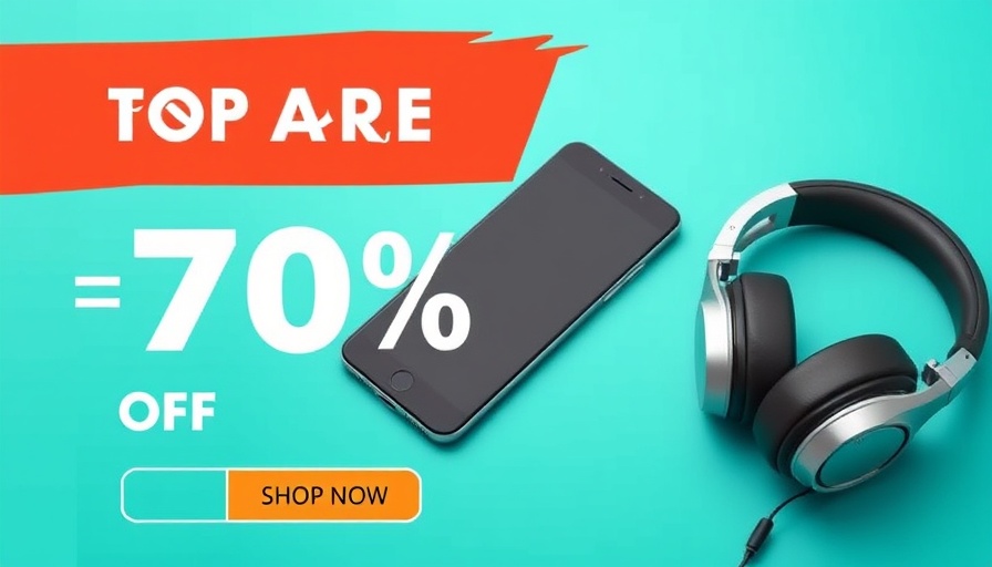Advertisement featuring a phone and headphones with a discount offer.