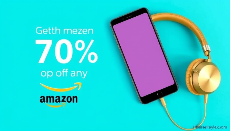 75% discount ad with smartphone and headphones, vibrant cyan.