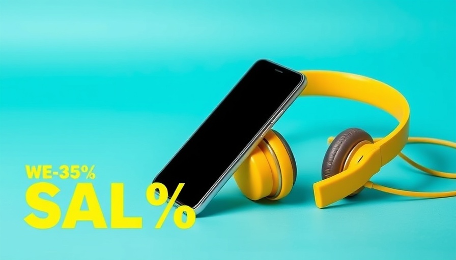 Electronics ad banner with smartphone and headphones.