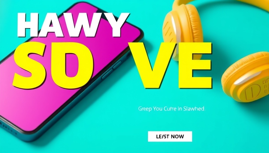 Promo ad with smartphone and headphones on teal background.