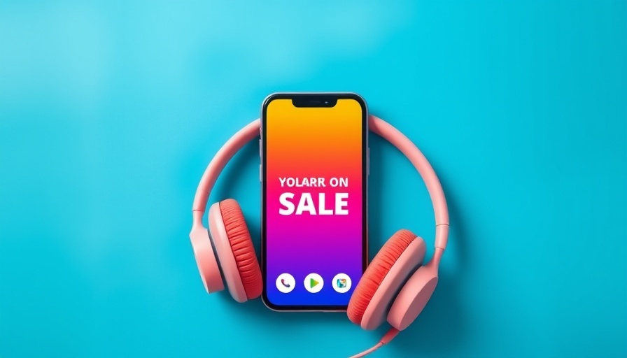 Online sale ad with smartphone and headphones, bright blue.