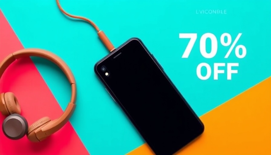 Digital ad banner with smartphone and headphones, turquoise background