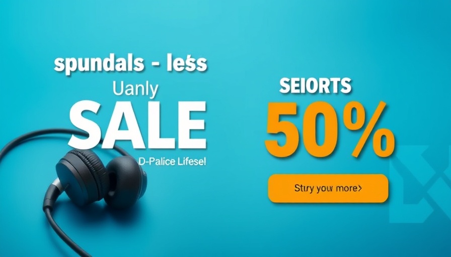 Dynamic ad with smartphone and headphones on blue background.
