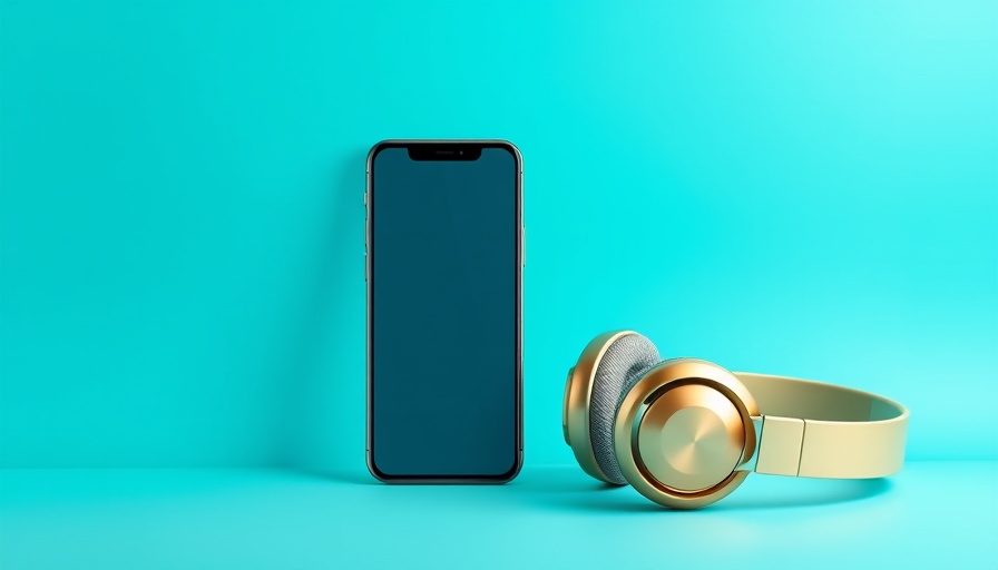 Promotional banner with a smartphone and headphones on turquoise background.