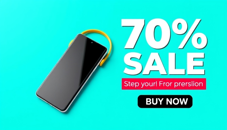 Discount ad with smartphone and headphones in bright banner