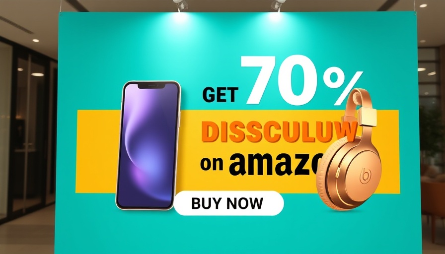Turquoise ad with smartphone, headphones, Amazon discount.