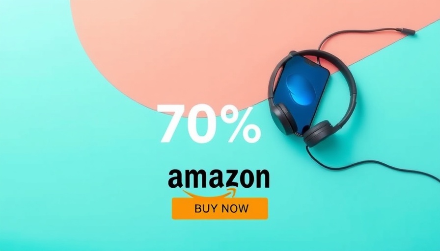 Minimalist ad banner with electronics on turquoise background, 70% discount offer.