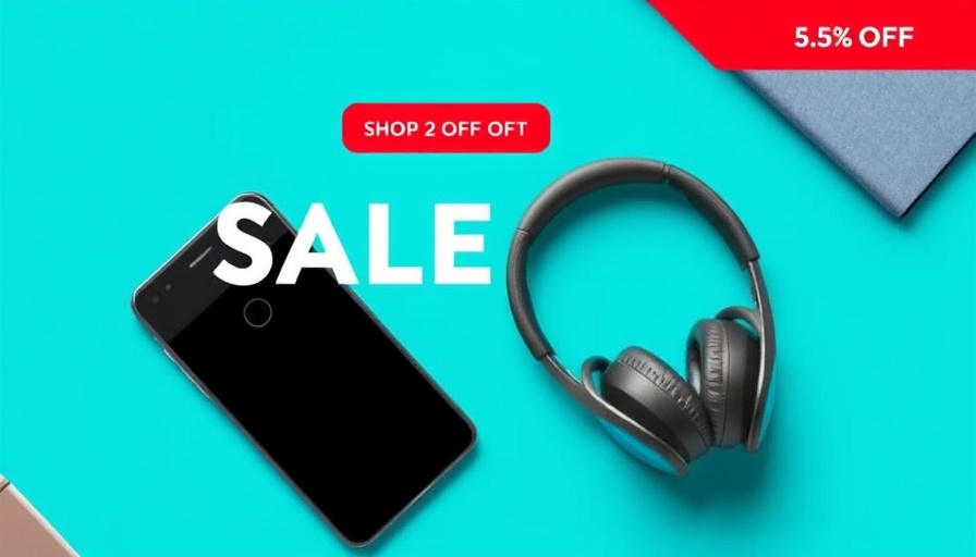Ad banner with smartphone and headphones on turquoise.
