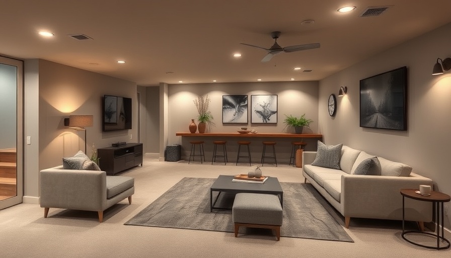 Modern basement conversion with stylish decor and seating.