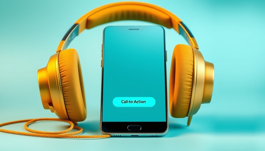 Advertisement with smartphone and headphones, bold buy now button in center