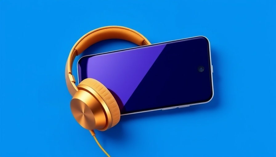 Vibrant ad with phone and headphones on blue background