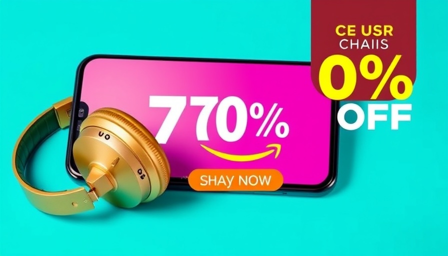 Colorful Amazon ad with smartphone and headphones discount.