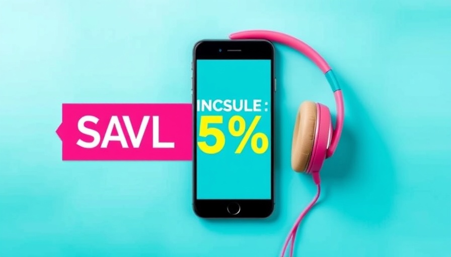 Discount ad with phone and headphones in vibrant colors.