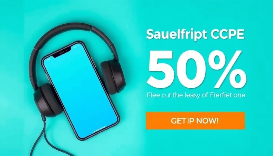 Smartphone and headphones discount ad banner on turquoise background.