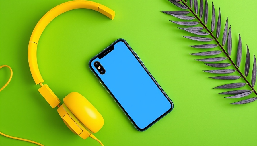 Vibrant ad with a smartphone and headphones on green background.