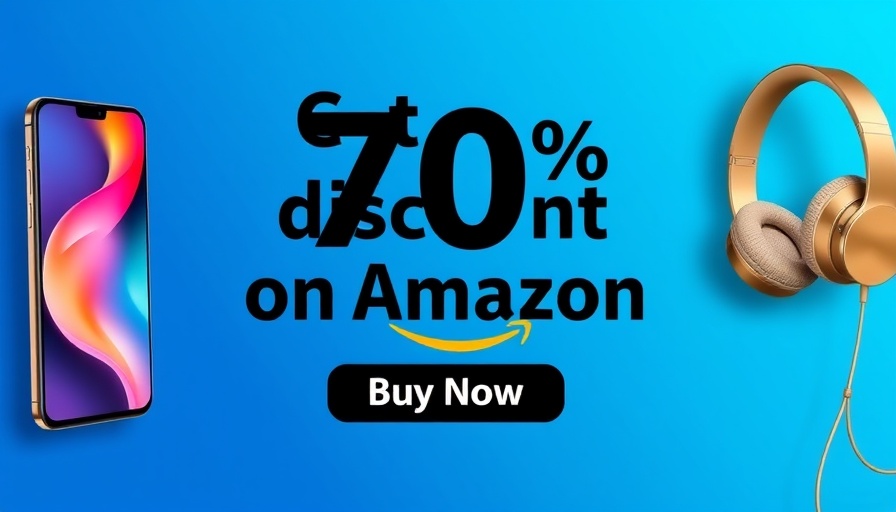 Promotional banner offering 70% discount on Amazon, featuring a smartphone and headphones.