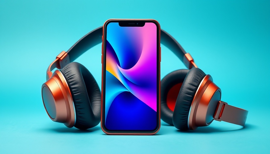 Modern smartphone and headphones on teal background display.