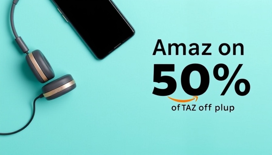 Promotional banner showcasing Amazon discount with smartphone and headphones