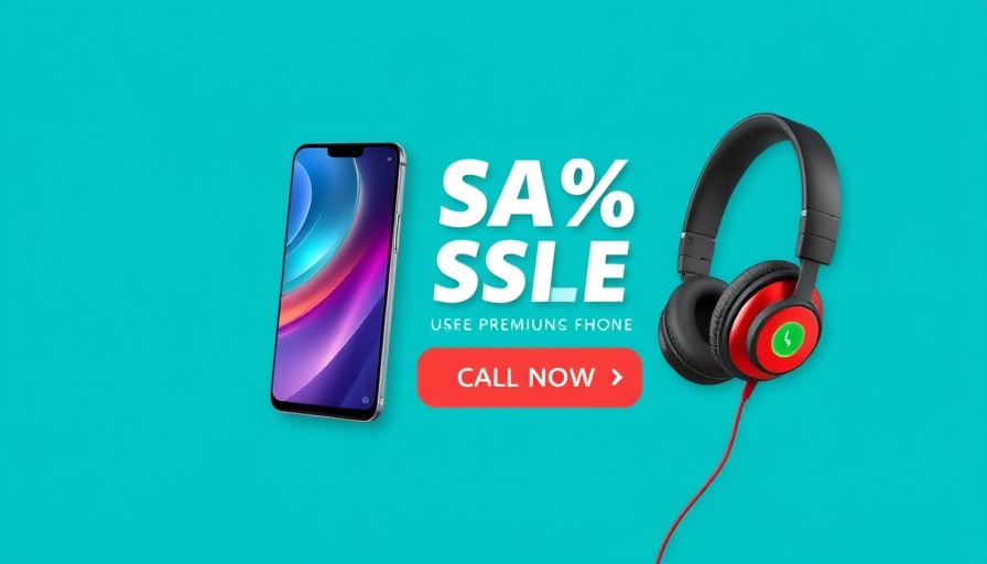 Advertisement with smartphone, headphones, and discount offer.