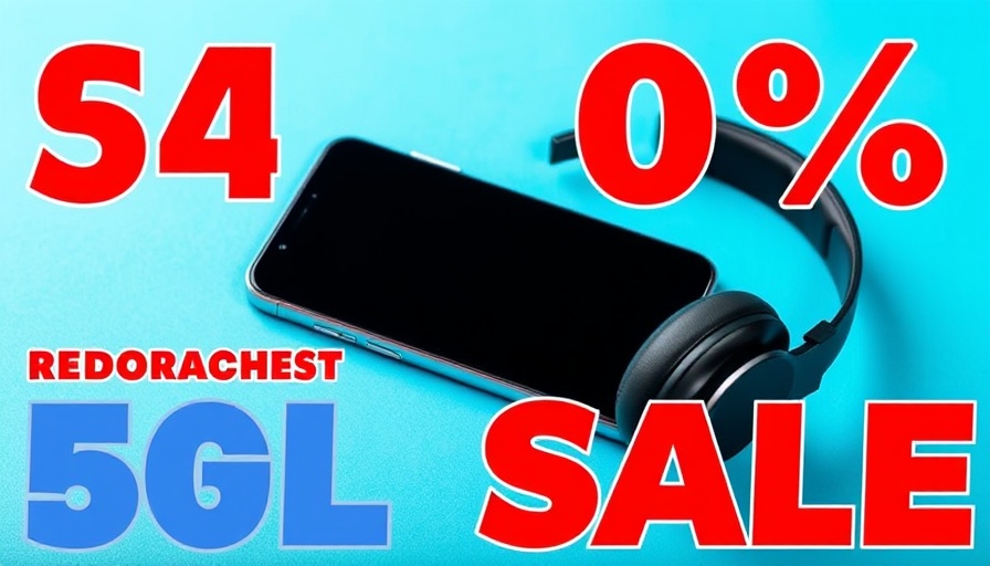 Modern smartphone and headphones in vibrant discount ad.