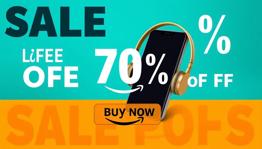 Sleek ad with smartphone and headphones promoting 70% discount.