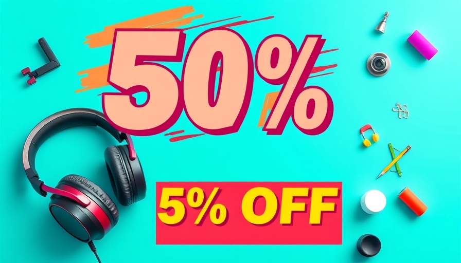 Advertisement for discount on smartphone and headphones against turquoise background.