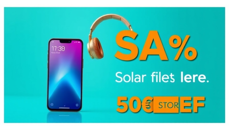 Advertisement banner with smartphone and headphones, turquoise background.