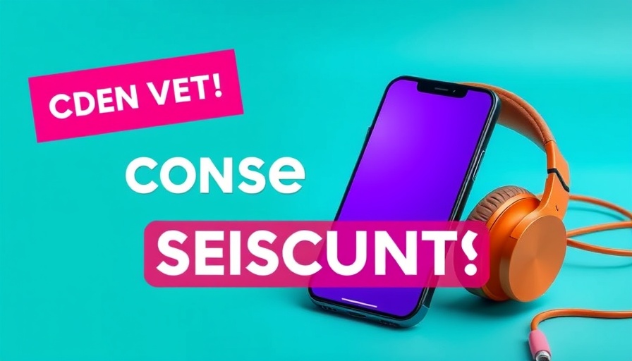 Digital banner with discount on smartphone and headphones.