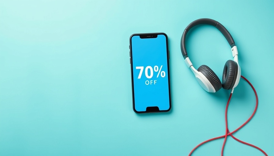 Promotional banner with phone and headphones for discount offer.