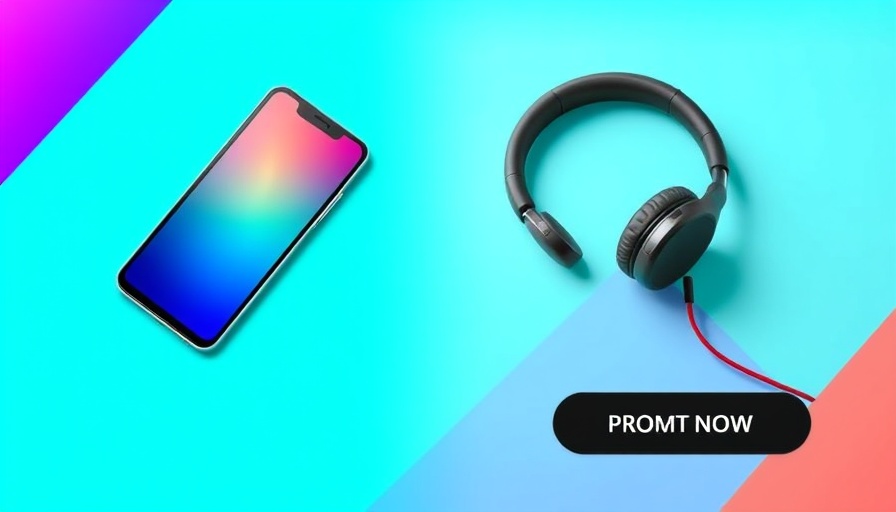 Promotional banner with smartphone and headphones, vibrant design.